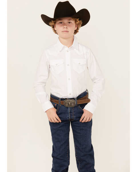 Image #1 - Cody James Boys' Solid Long Sleeve Pearl Snap Western Shirt , White, hi-res