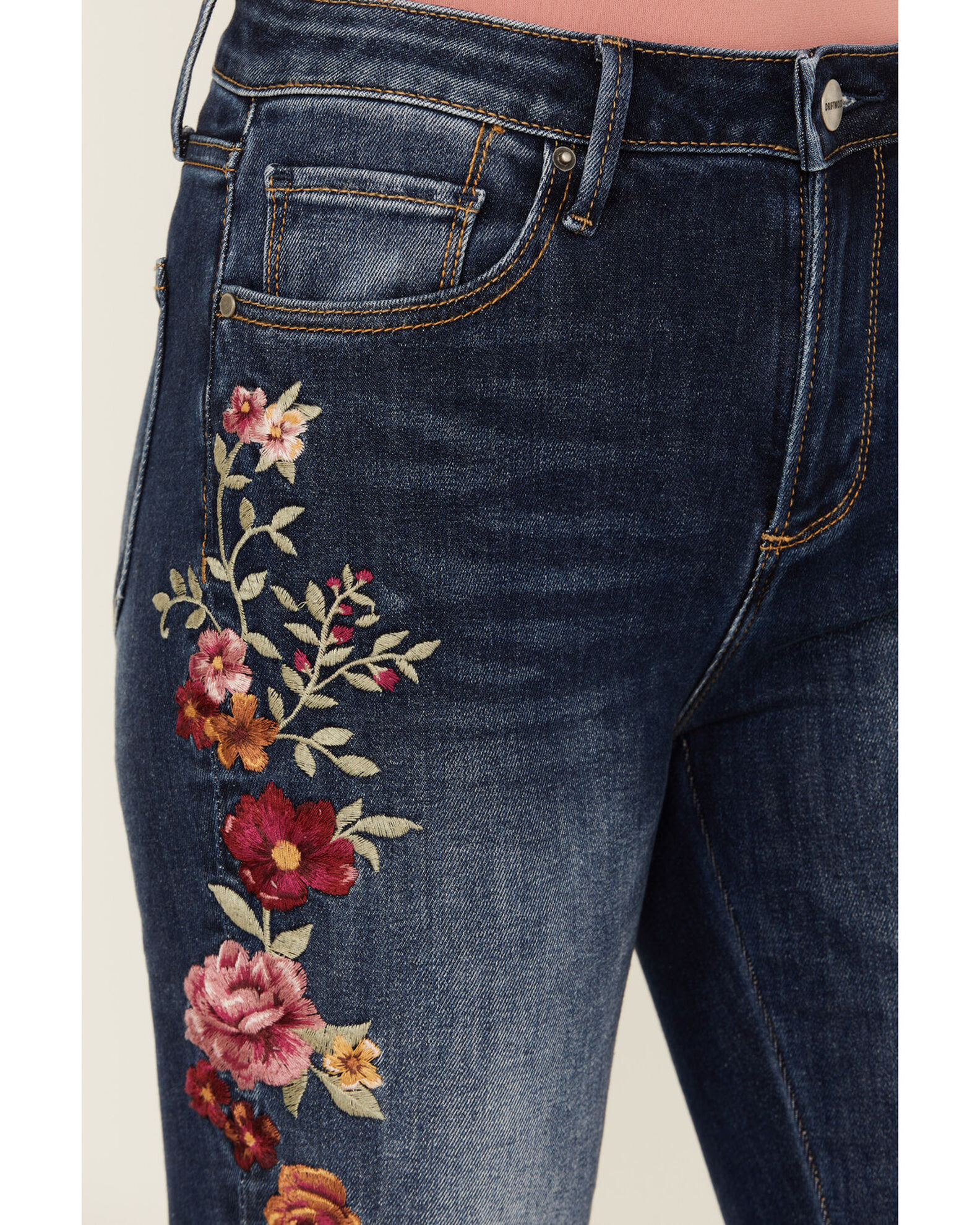 Product Name: Driftwood Women's Medium Wash High Rise Floral Embroidered  Stretch Flare Jeans