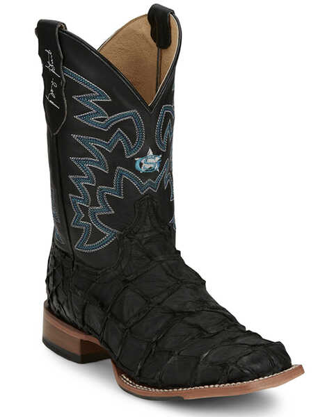 Justin Men's Ocean Front Exotic Pirarucu Western Boots - Broad Square Toe , Black, hi-res