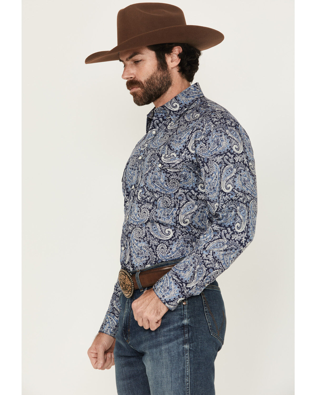 Image #2 - Rough Stock by Panhandle Men's Paisley Print Long Sleeve Pearl Snap Stretch Western Shirt, Navy, hi-res