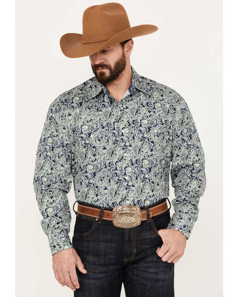 Image #1 - Stetson Men's Paisley Print Long Sleeve Snap Western Shirt , Sage, hi-res