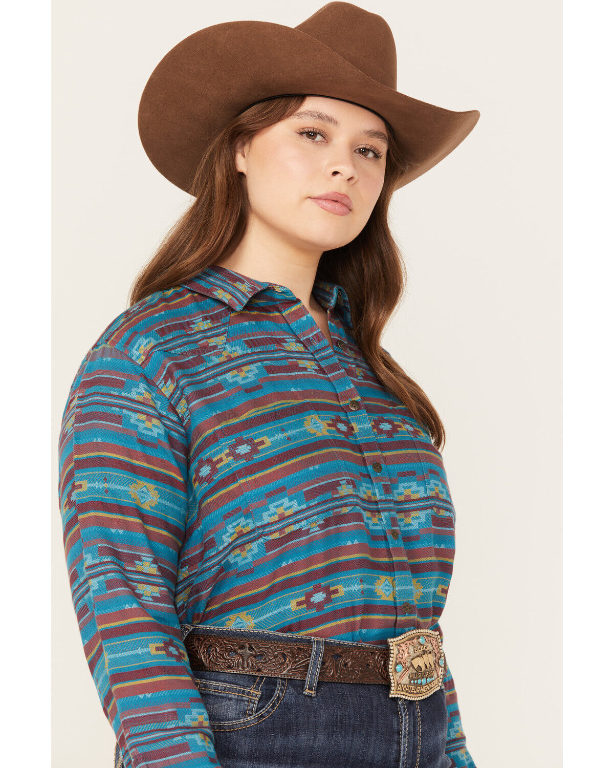 Image #2 - Ariat Women's Southwestern Print Billie Rae Long Sleeve Button Down Western Shirt - Plus, Teal, hi-res