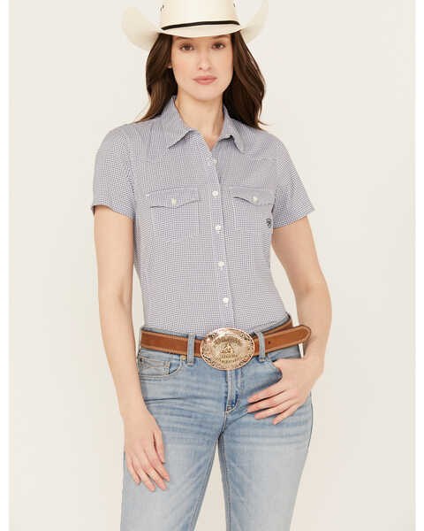 Ariat Women's Gingham Print Short Sleeve Button-Down VentTEK Stretch Shirt, Blue/white, hi-res