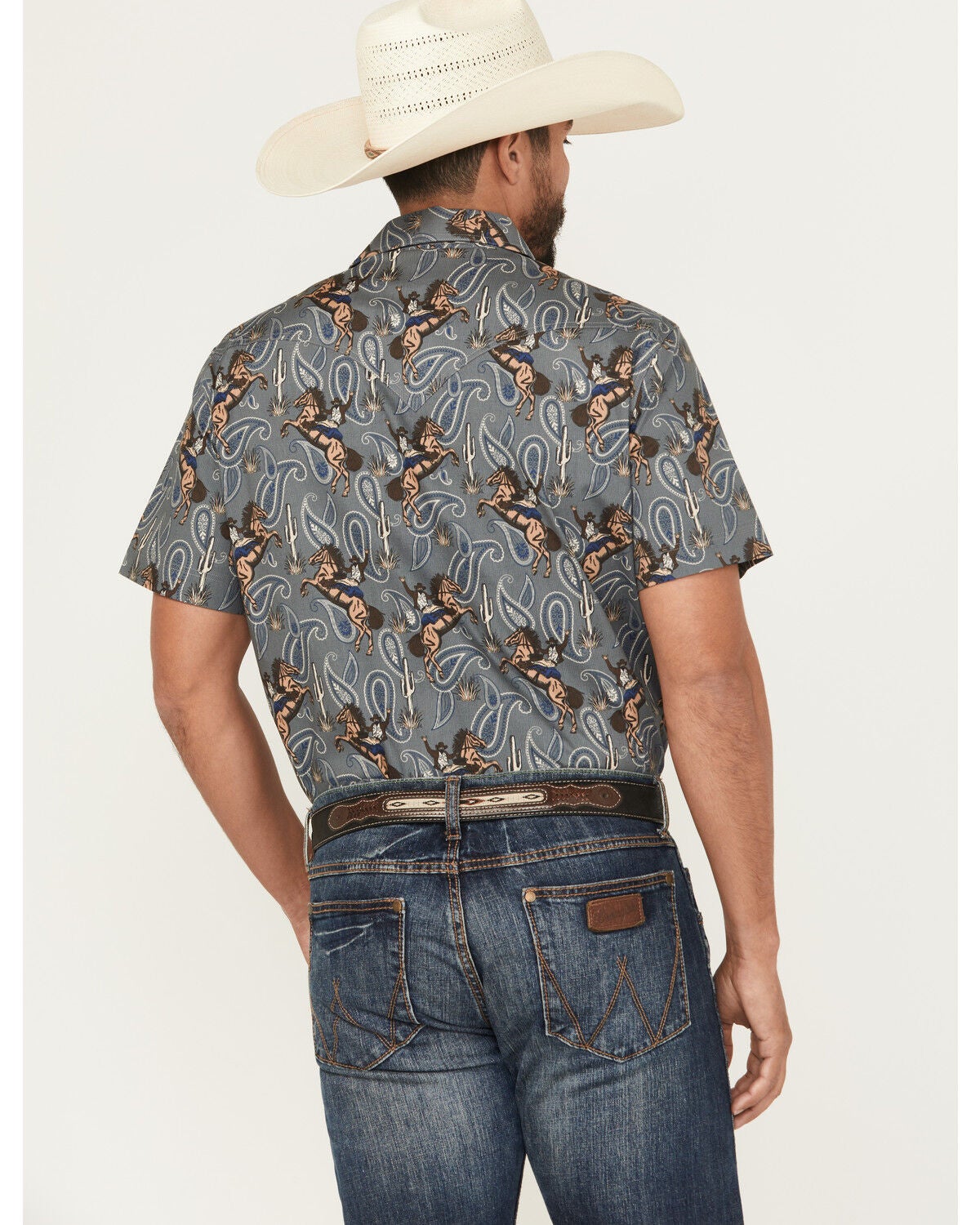 Image #4 - Rock & Roll Denim Men's Dale Brisby Horse Print Short Sleeve Snap Stretch Western Shirt, Charcoal, hi-res