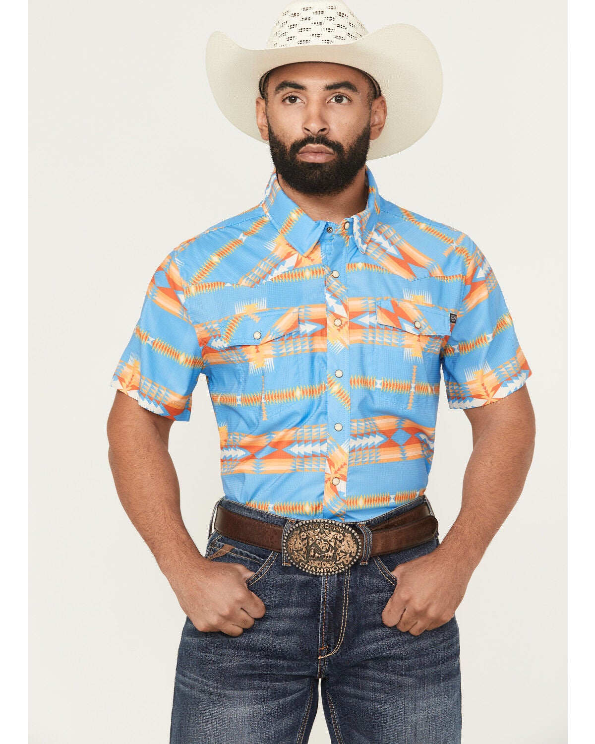 Rock & Roll Denim Men's Tek Southwestern Print Short Sleeve Snap Western Shirt, Blue, hi-res