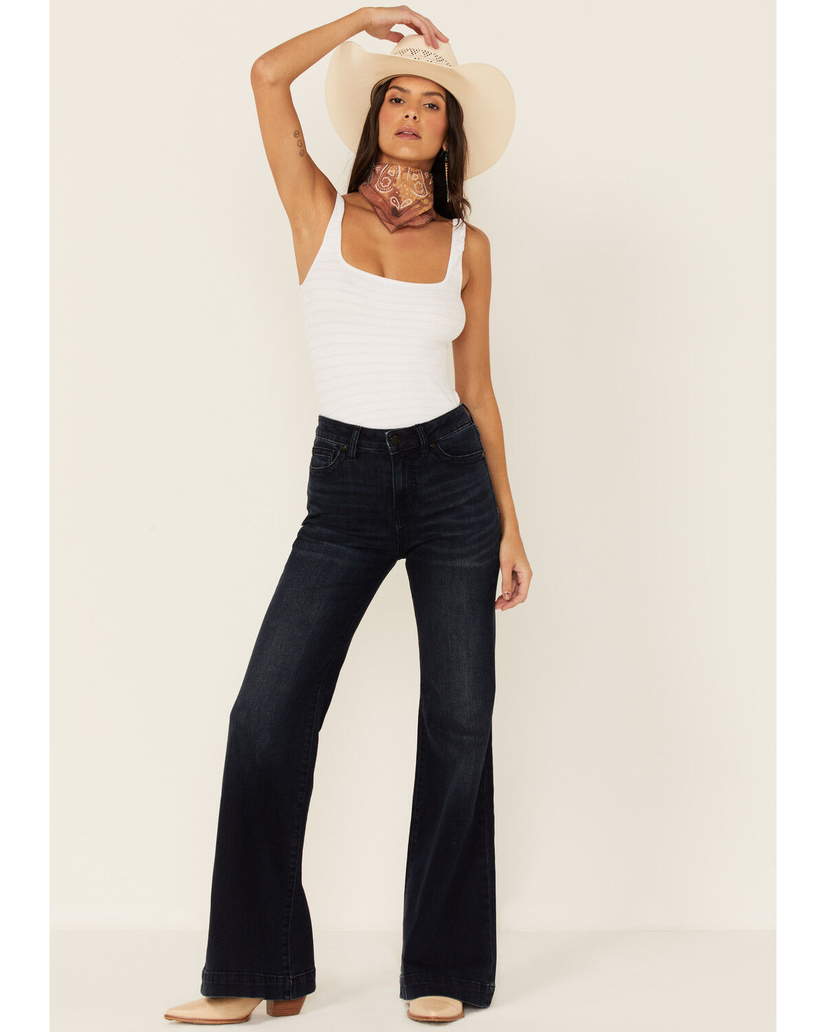 Image #1 - Shyanne Women's Chandelier Pocket High Rise Flare Jeans, Dark Blue, hi-res