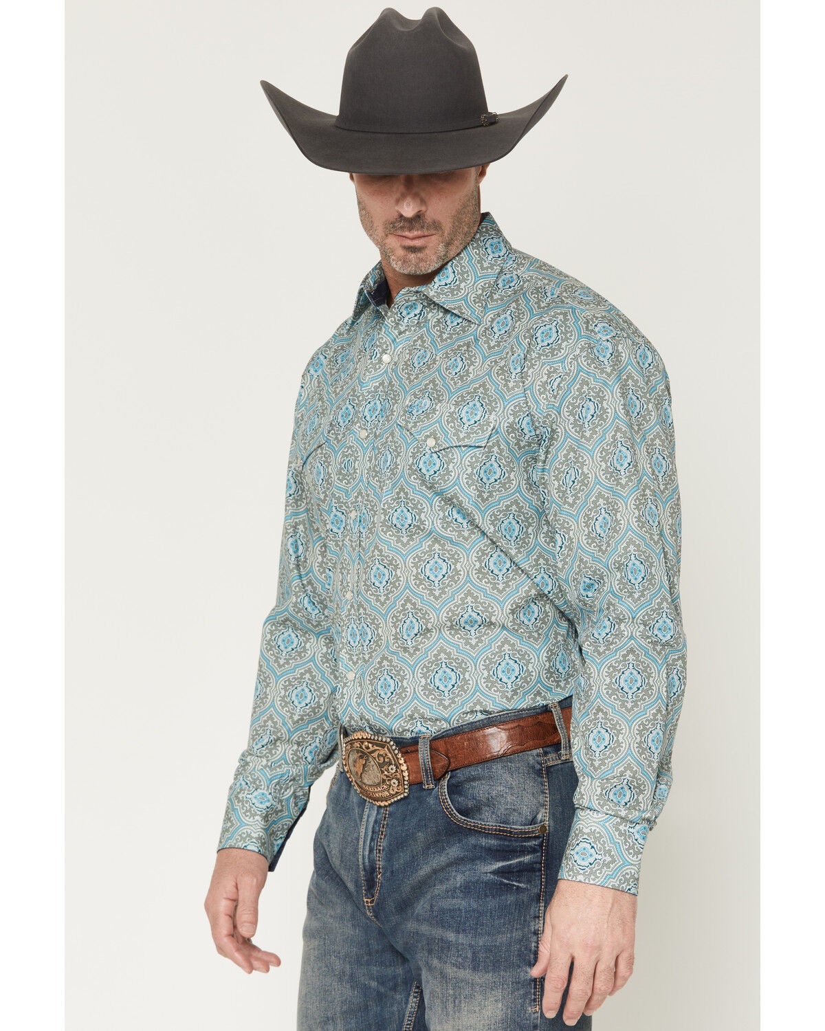 Image #2 - Stetson Men's Medallion Print Long Sleeve Snap Western Shirt, Blue, hi-res