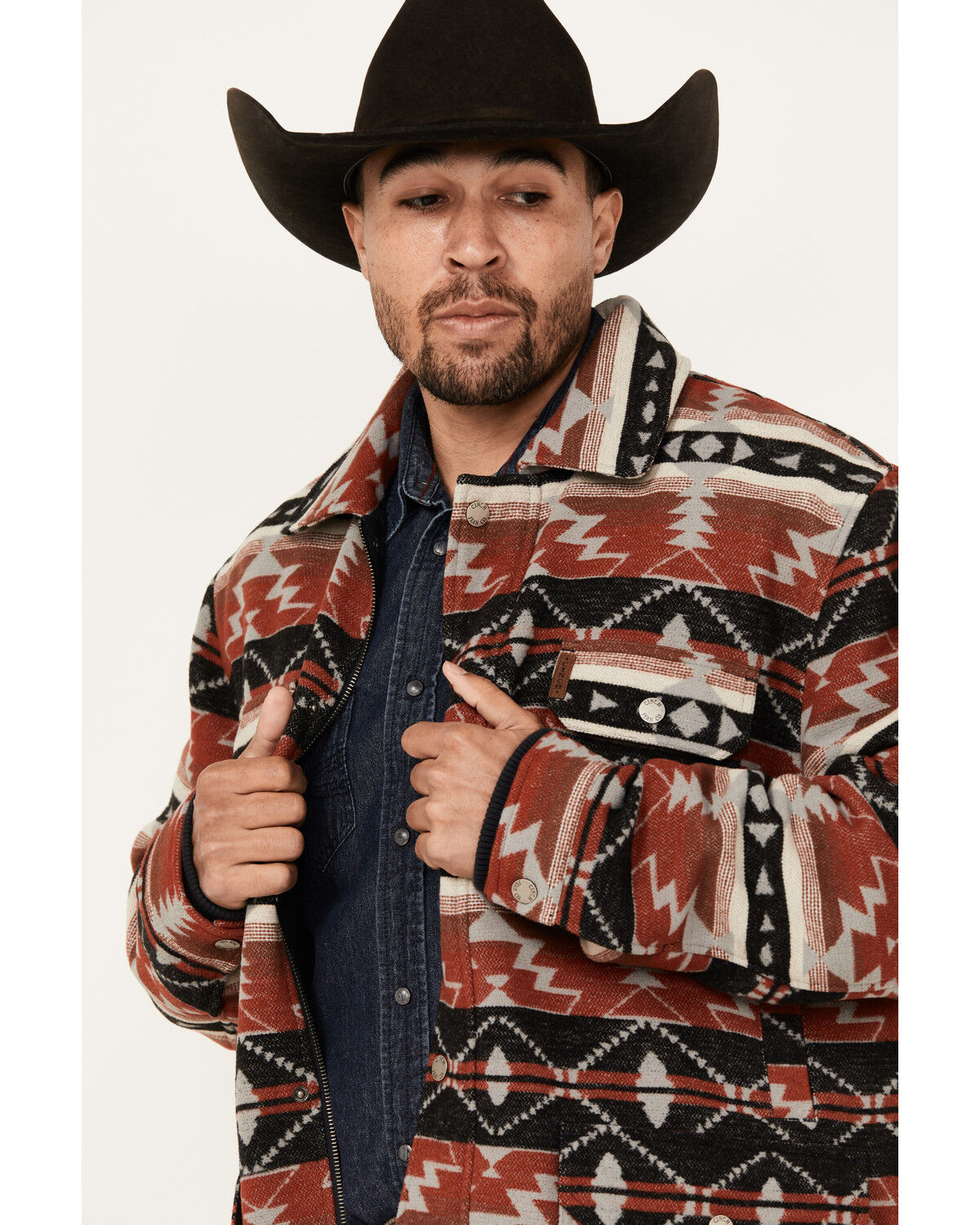 Image #2 - Cinch Men's Southwestern Print Wool Twill Frontier Jacket, Burgundy, hi-res