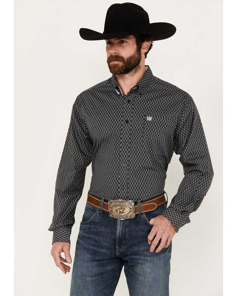 Cinch Men's Geo Print Long Sleeve Button-Down Western Shirt, Dark Blue, hi-res