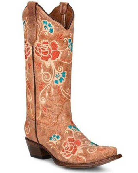 Corral Women's Embroidered Floral Western Boots - Snip Toe, Cognac, hi-res
