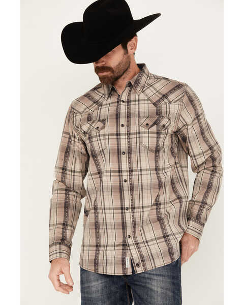 Image #1 - Moonshine Spirit Men's Load Plaid Print Long Sleeve Snap Western Shirt, Tan, hi-res