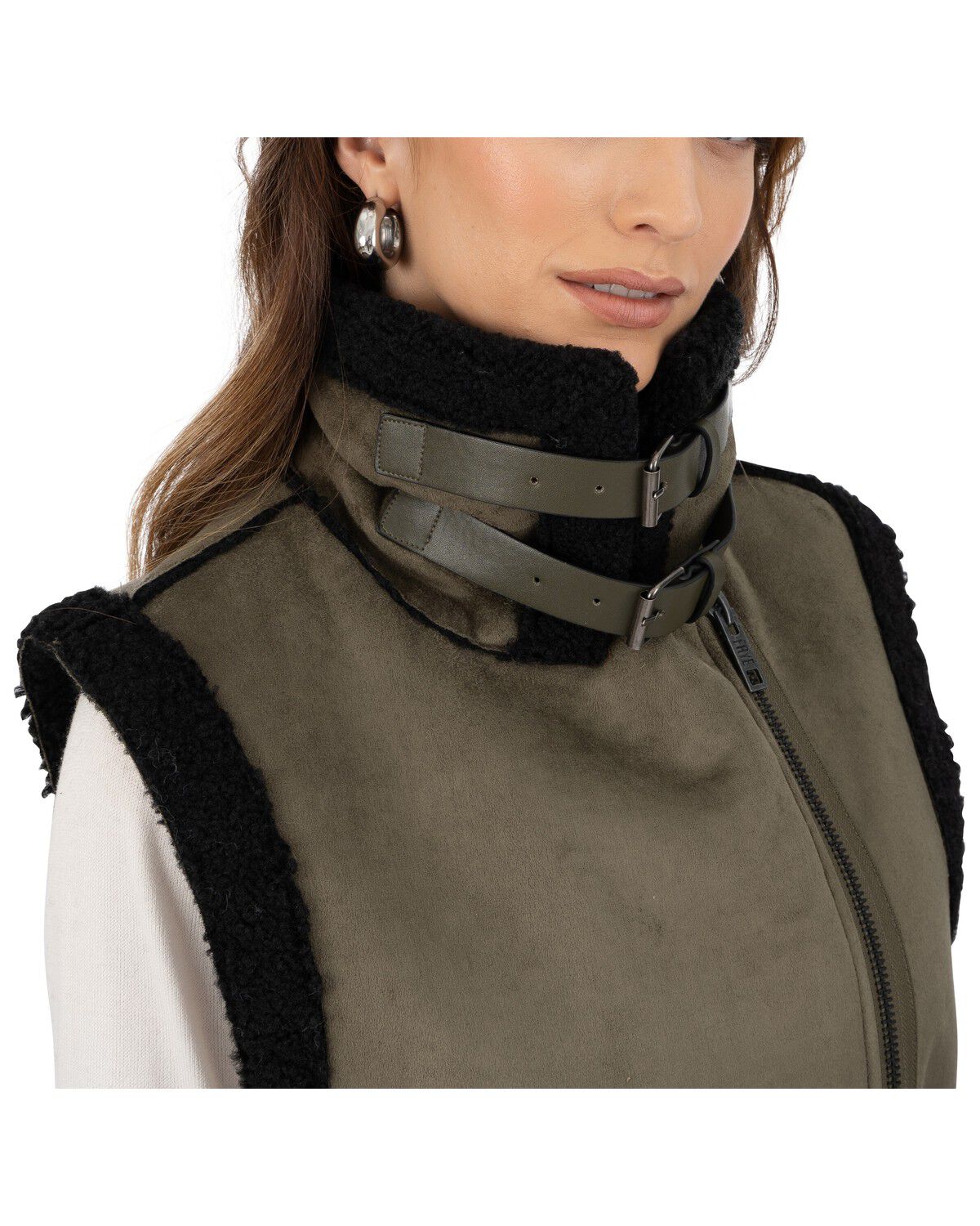 Image #4 - Frye Women's Belted Faux Shearling Vest, Olive, hi-res
