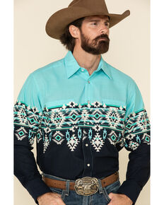 Panhandle Men's Blue Aztec Scenic Border Print Long Sleeve Western Shirt , Blue, hi-res