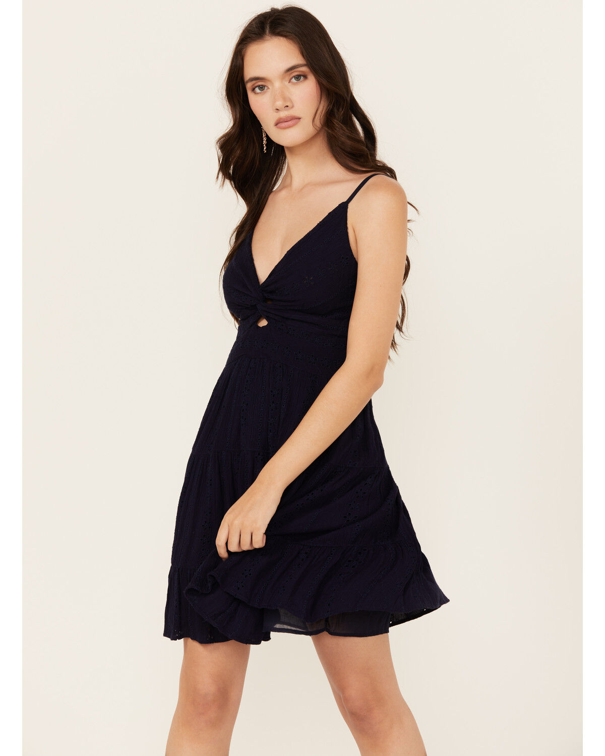 Image #1 - Angie Women's Eyelet Front Twist Sleeveless Mini Dress, Navy, hi-res