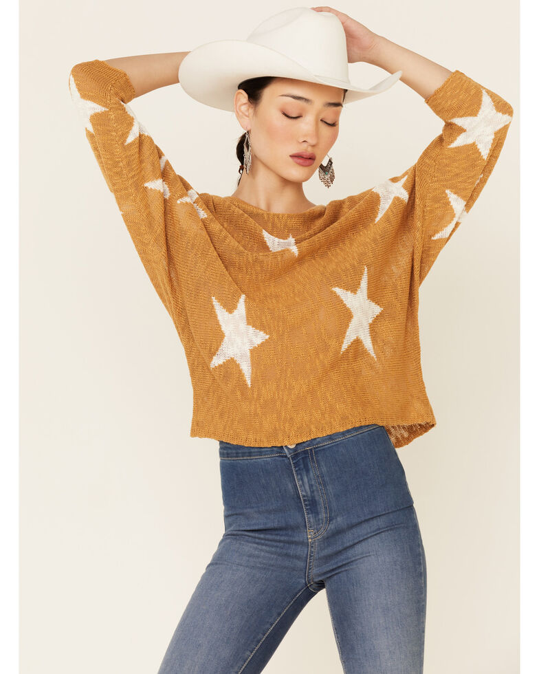Wishlist Women's Mustard Star Print Pullover Sweater , Dark Yellow, hi-res