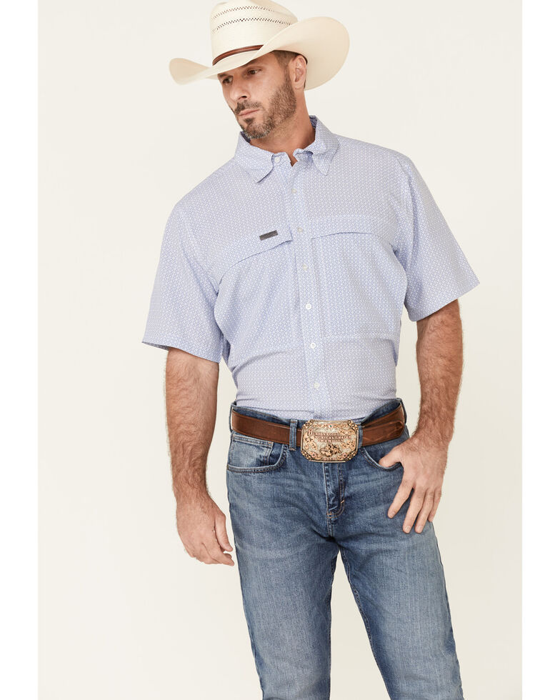 Panhandle Men's Performance Geo Print Short Sleeve Button-Down Western Shirt , Blue, hi-res