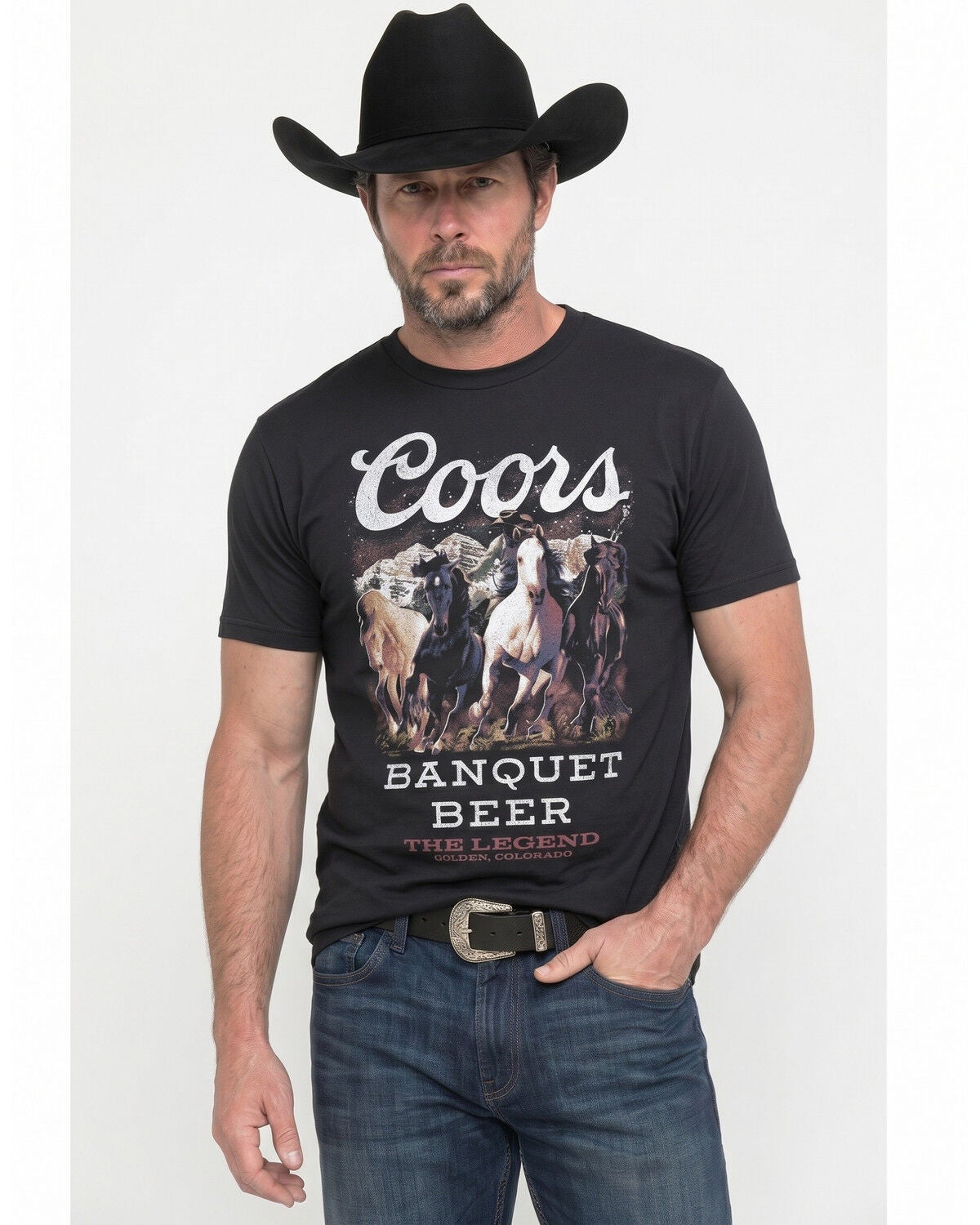 Image #1 - Coors Men's Coors Banquet Horses Short Sleeve Graphic T-Shirt, Black, hi-res