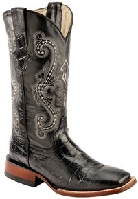 Ferrini Alligator Print Cowgirl Boots - Wide Square Toe, Black, hi-res