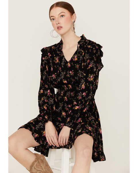 Image #2 - Angie Women's Floral Print Long Sleeve Black Smocked Waist Mini Dress, Black, hi-res