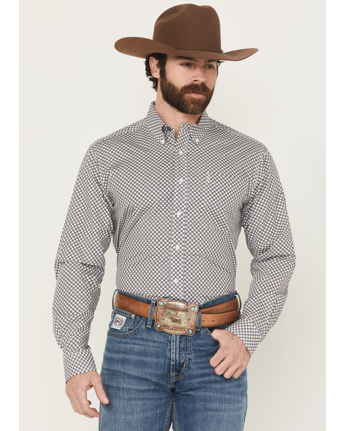 Image #1 - Cinch Men's Floral Geo Print Long Sleeve Button-Down Western Shirt, White, hi-res