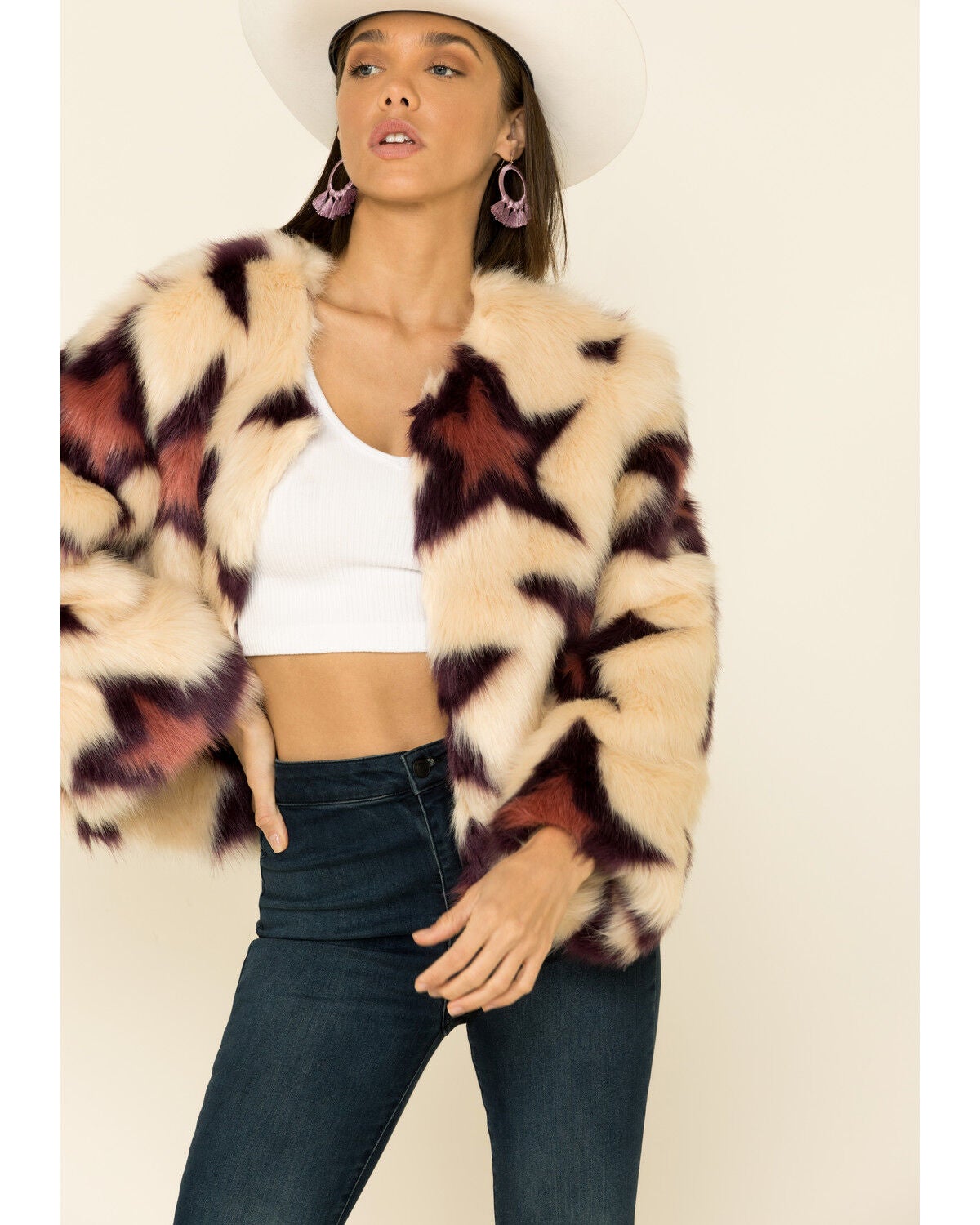 Image #3 - Band Of Gypsies Women's Ivory Star Faux Fur Jacket , , hi-res