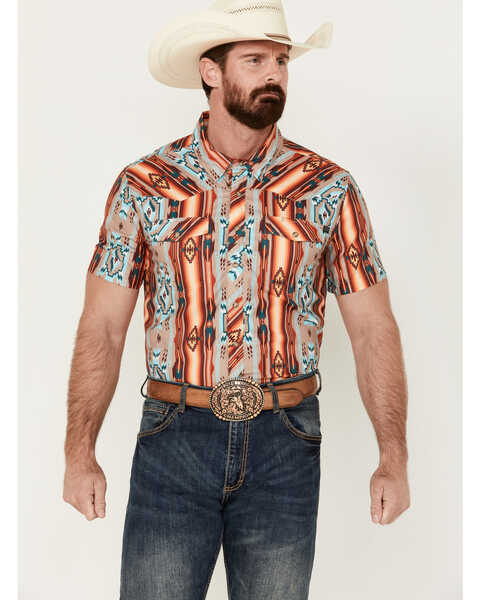 Rock & Roll Denim Men's Southwestern Short Sleeve Pearl Snap Western Shirt , Orange, hi-res