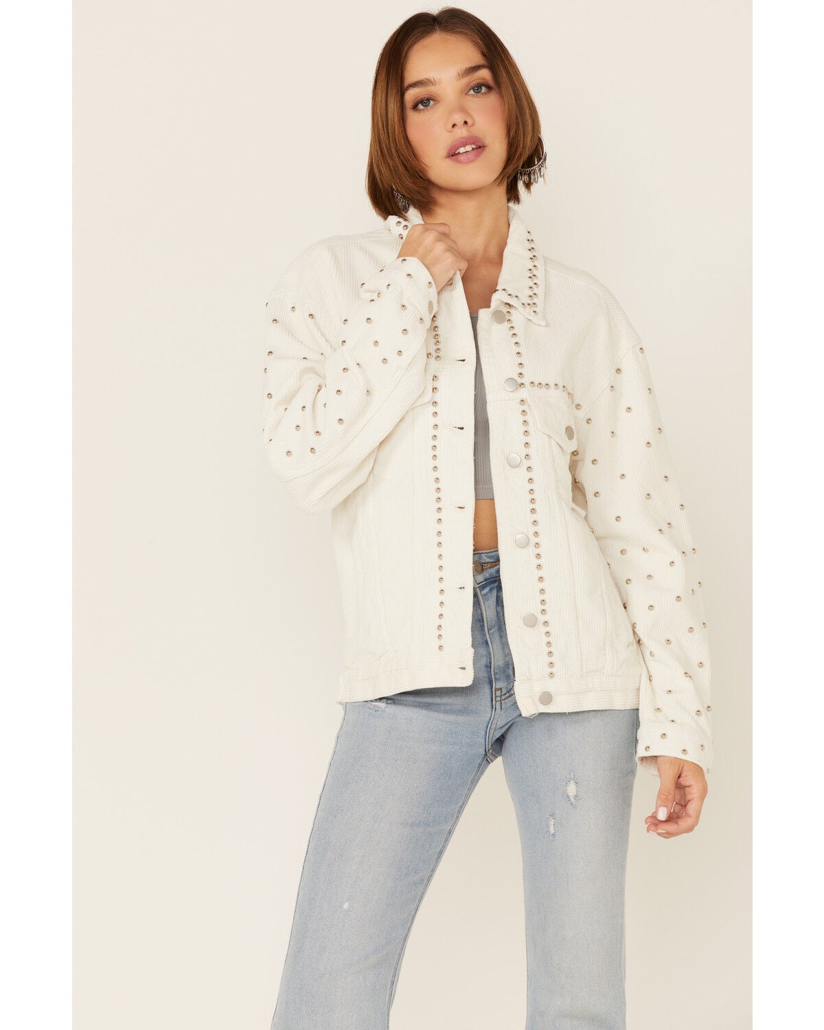 Pol Women's White Corduroy Studded Shirt Jacket