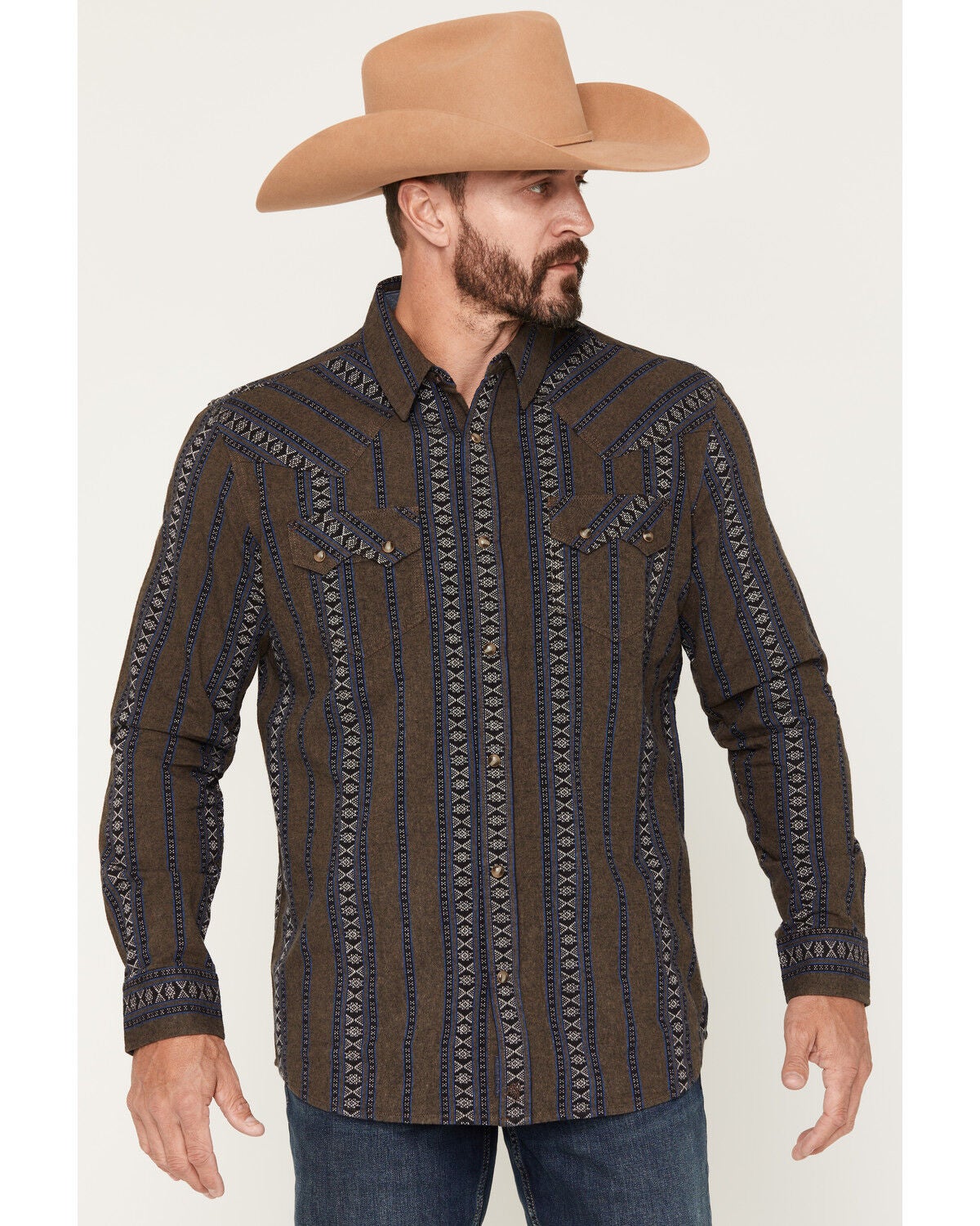 Image #1 - Moonshine Spirit Men's Colorado Southwestern Striped Long Sleeve Snap Western Shirt, Charcoal, hi-res