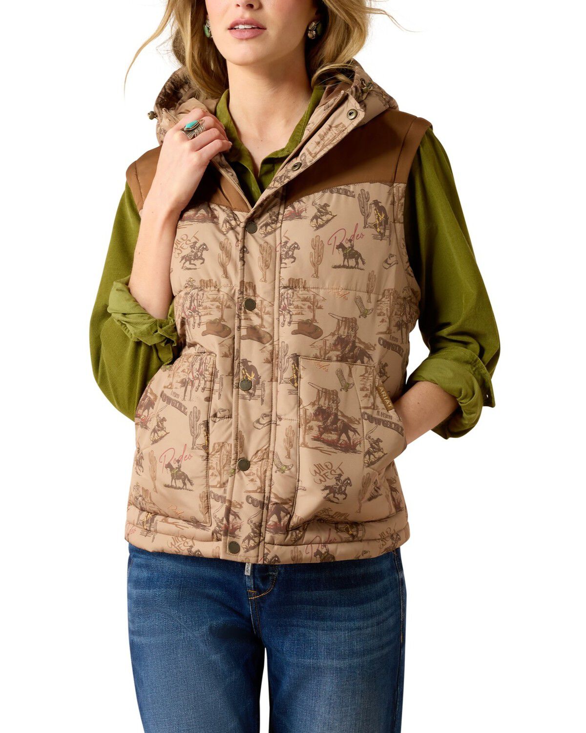 Ariat Women's Frontier Rodeo Print Puffer Vest, Wheat, hi-res