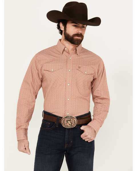 Ariat Men's Easton Geo Print Long Sleeve Pearl Snap Western Shirt , Coral, hi-res