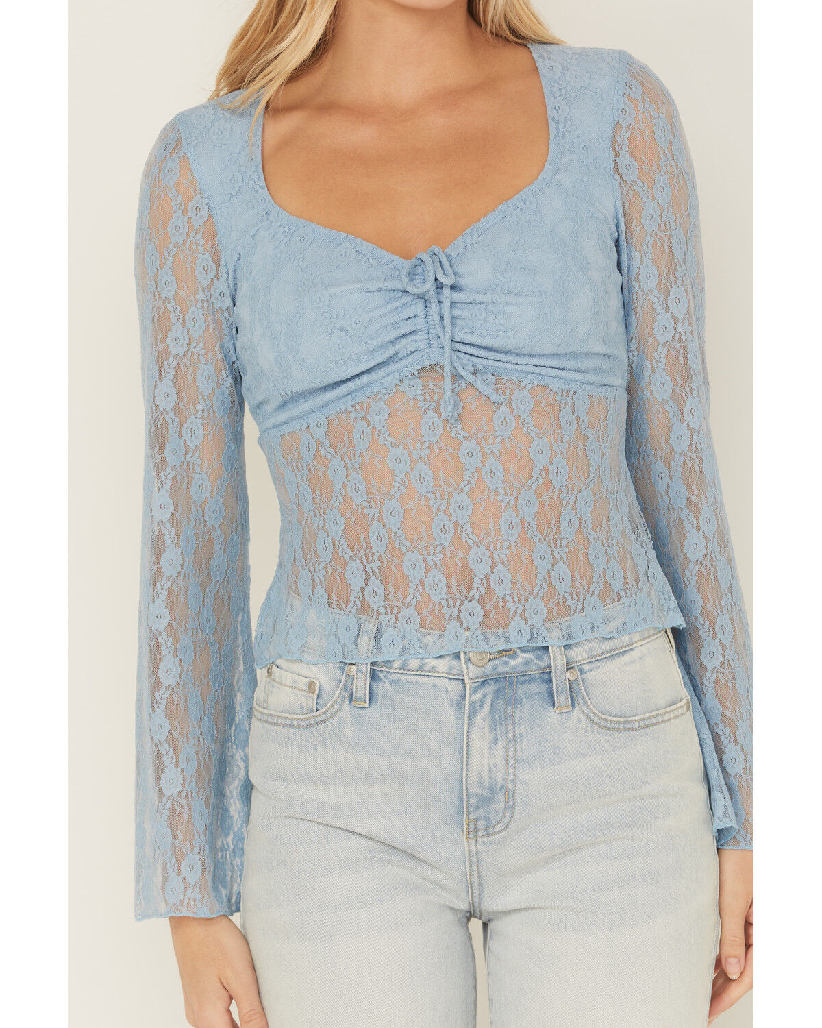 Trixxi Women's Solid Lace Long Bell Sleeve Shirt - Country