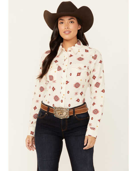 Wrangler Women's Southwestern Print Long Sleeve Snap Flannel Shirt , White, hi-res