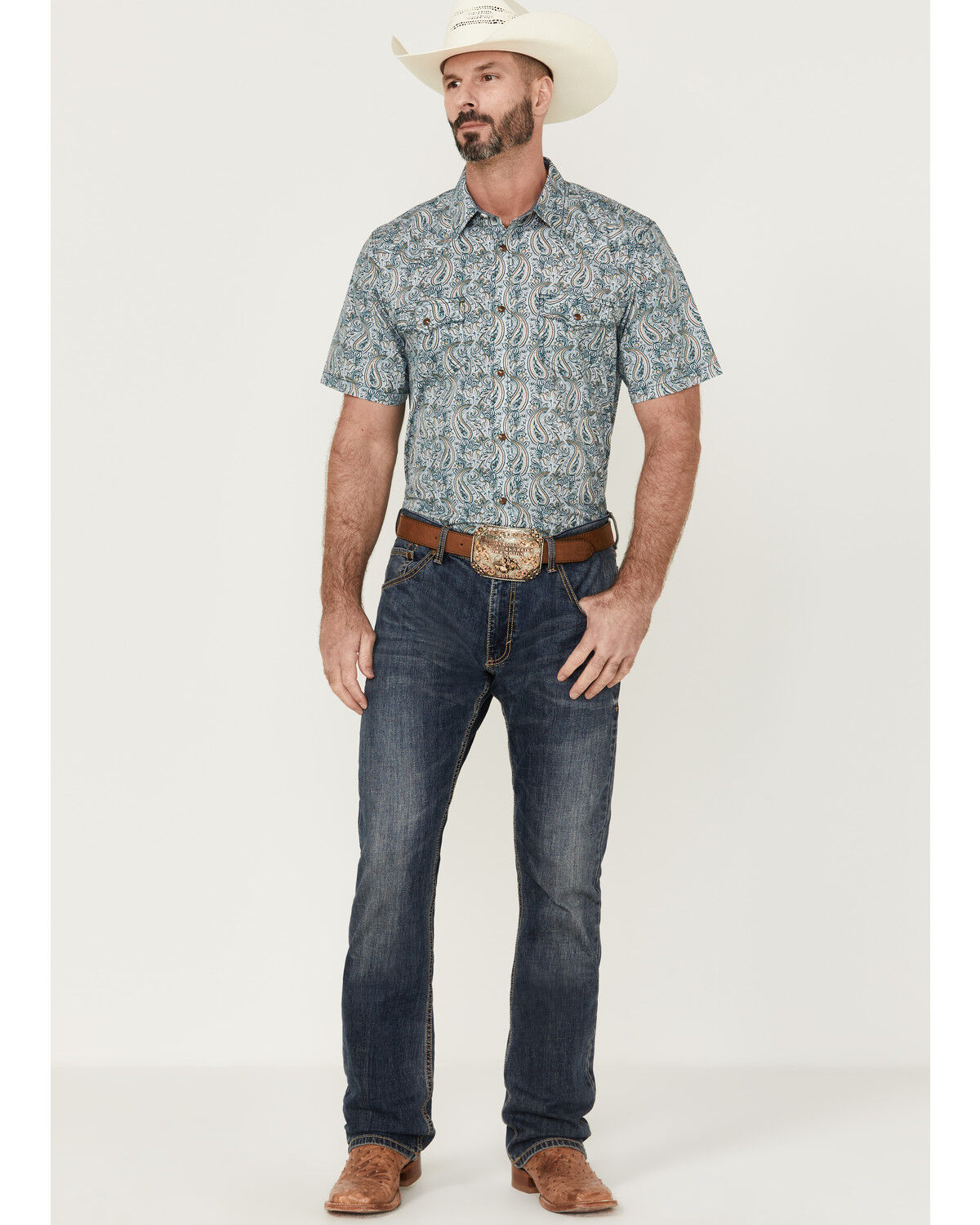 Image #2 - Cody James Men's Vista Paisley Print Short Sleeve Snap Western Shirt, Blue, hi-res