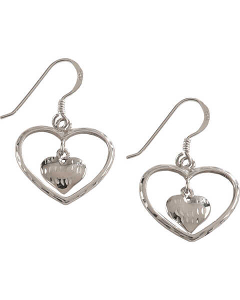 Silver Legends Women's Double Heart Diamond Cut Dangle Earrings , Silver, hi-res