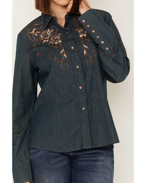 Scully Women's Rose Embroidered Denim Long Sleeve Western Shirt, Blue, hi-res