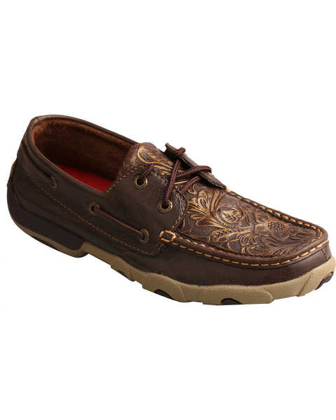 Image #1 - Twisted X Women's Tooled Boat Shoe Driving Mocs, Brown, hi-res