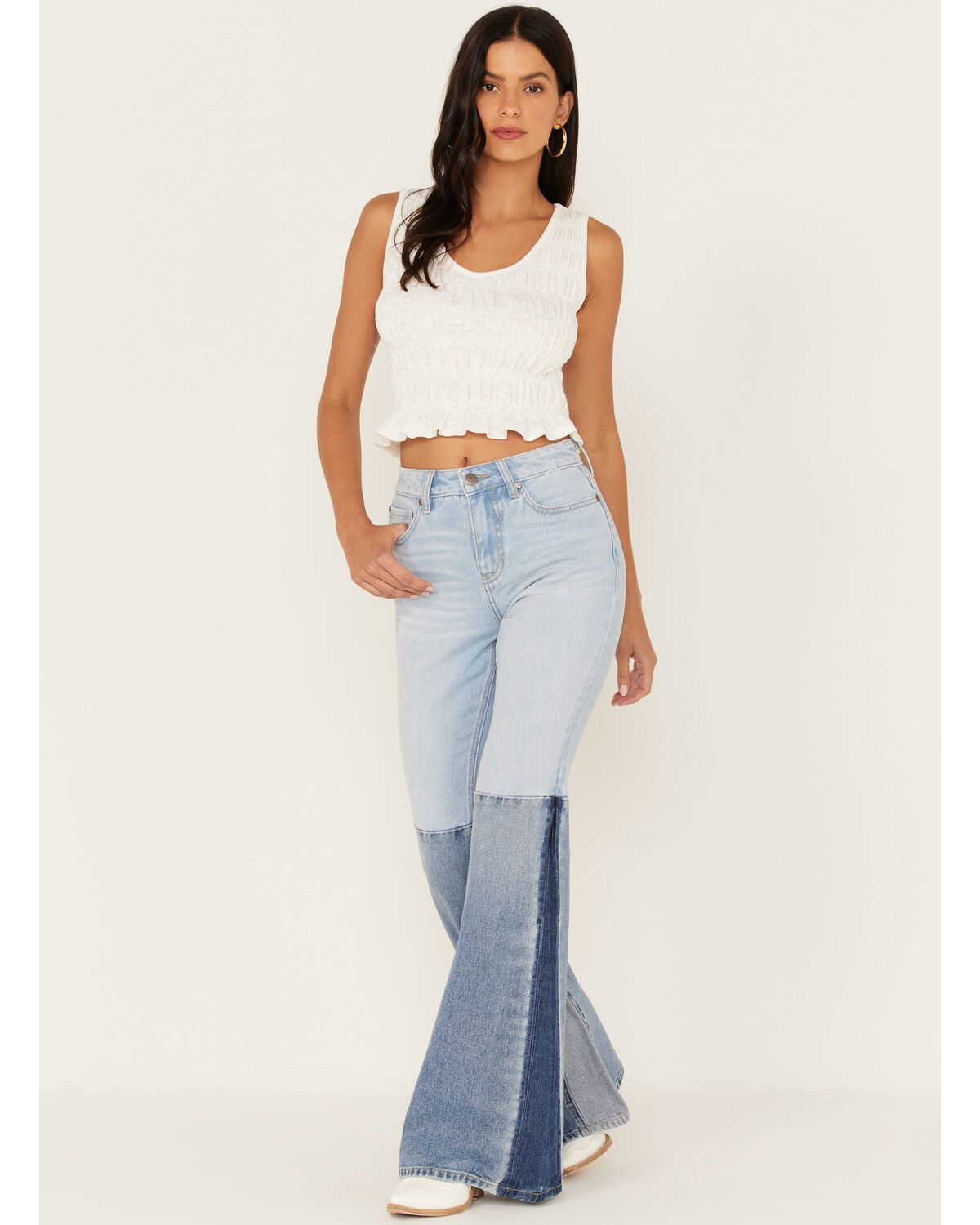 Image #1 - Shyanne Women's Two Tone Seamed Light Wash High Rise Flare Jeans, Dark Wash, hi-res