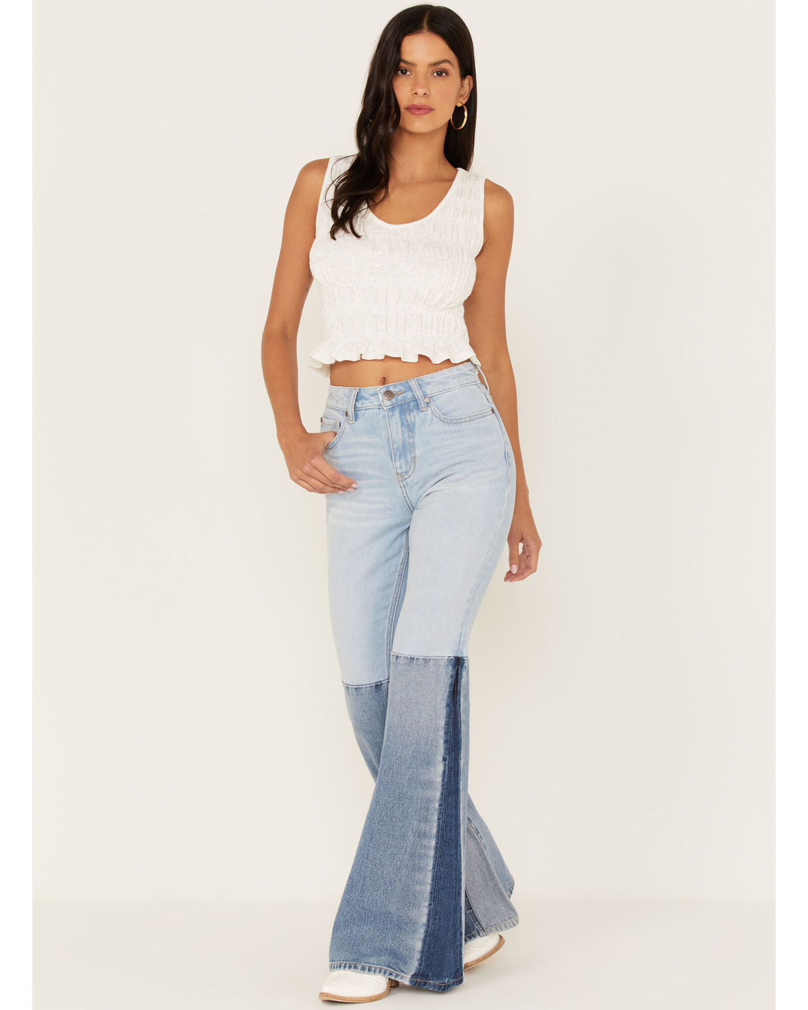 Product Name: Shyanne Women's Two Tone Seamed Light Wash High Rise Flare  Jeans
