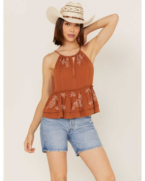 Image #1 - Shyanne Women's Textured Ruffle Embroidered Halter Keyhole Tank Top, Brown, hi-res