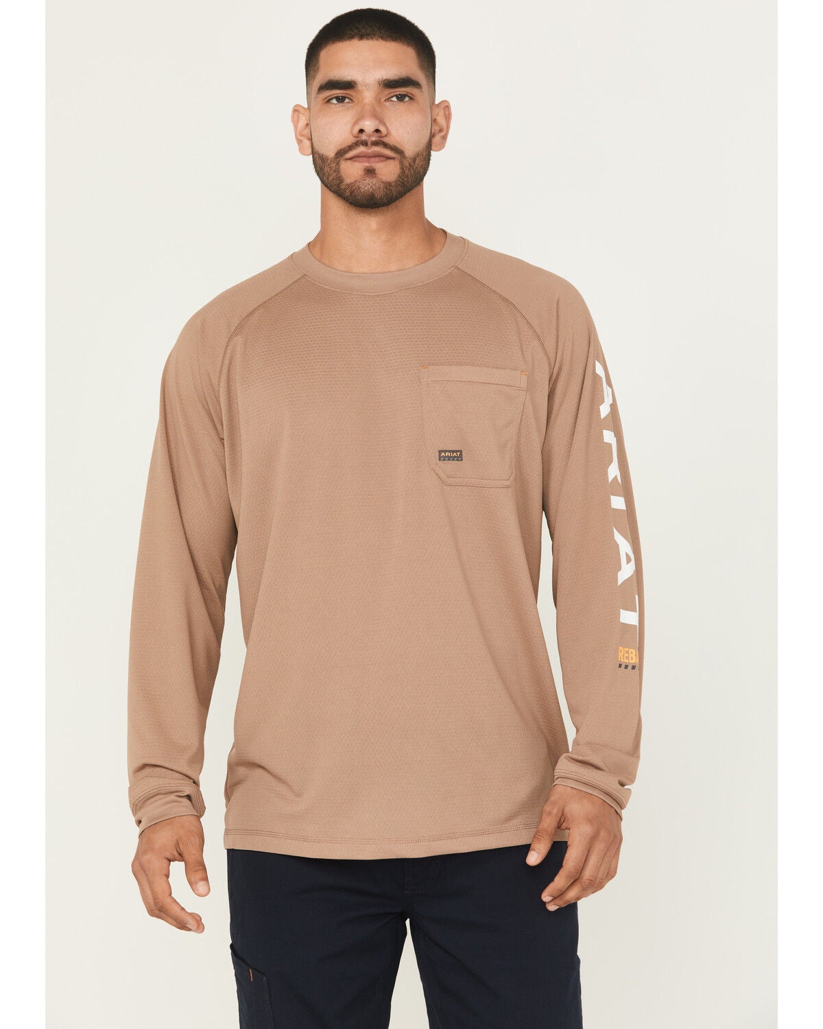 Ariat Men's Khaki Rebar Heat Fighter Long Sleeve Work Pocket T-Shirt, Beige/khaki, hi-res