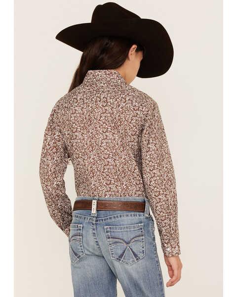 Image #4 - Roper Girls' West Made Floral Print Long Sleeve Western Pearl Snap Shirt, Brown, hi-res