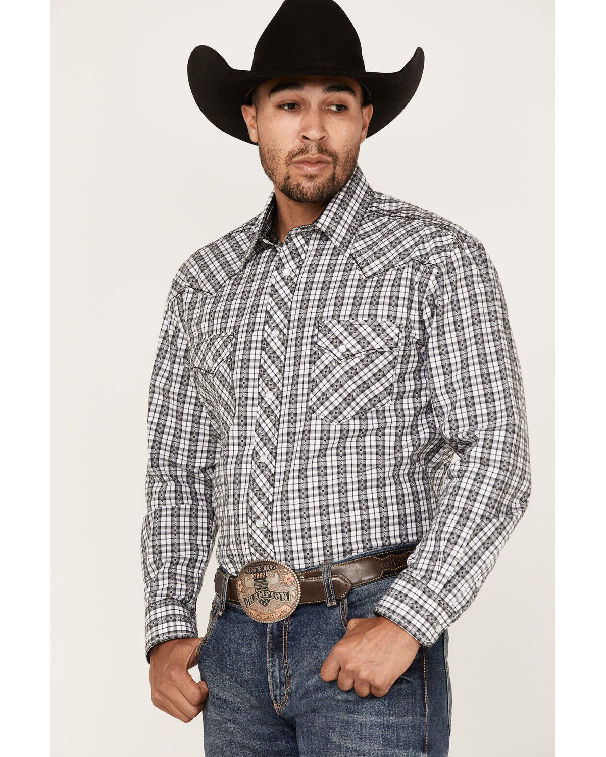 Image #1 - Rough Stock By Panhandle Men's Dobby Small Plaid Print Long Sleeve Pearl Snap Western Shirt, White, hi-res
