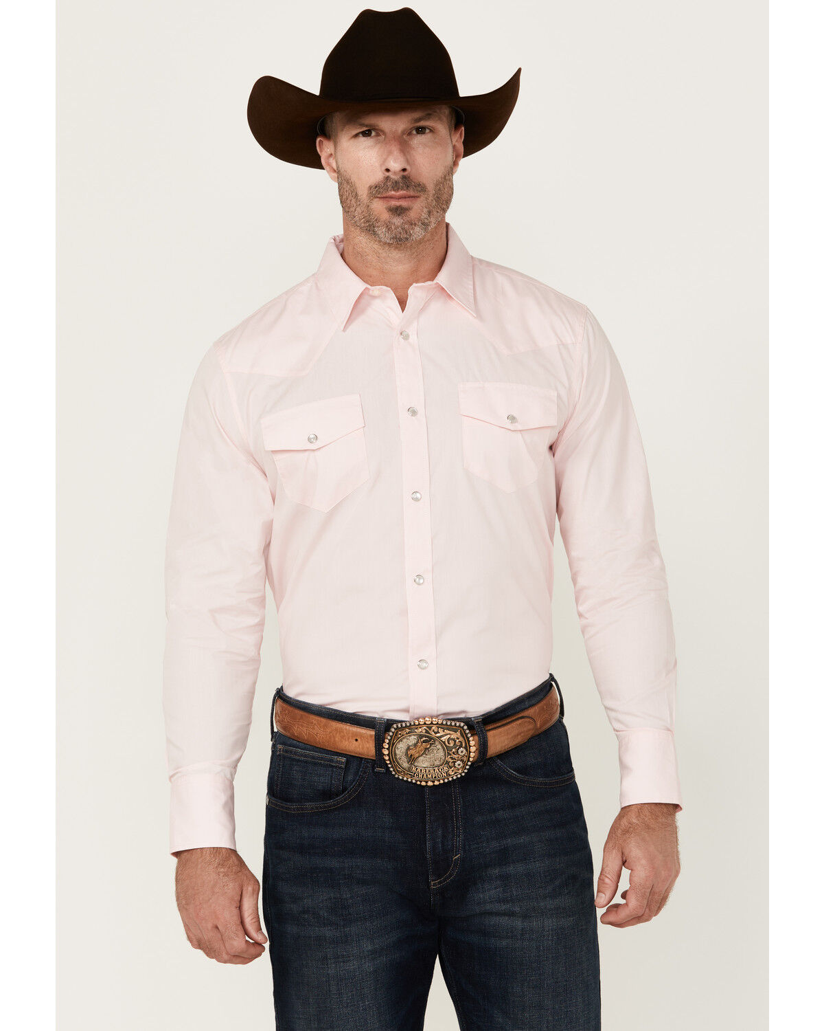 Image #1 - Gibson Trading Co Men's Campfire Solid Long Sleeve Pearl Snap Western Shirt, Pink, hi-res
