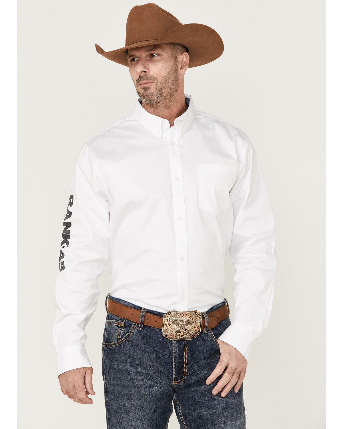 Image #1 - RANK 45® Men's Solid Performance Twill Logo Long Sleeve Button-Down Western Shirt, White, hi-res
