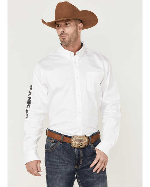 Image #1 - RANK 45® Men's Solid Performance Twill Logo Long Sleeve Button-Down Western Shirt , White, hi-res