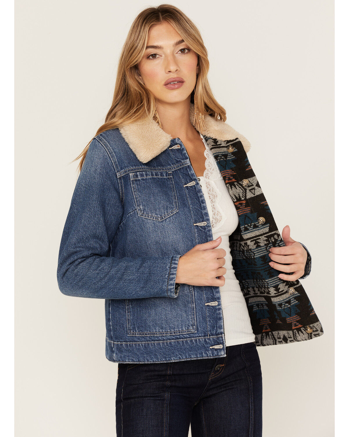 Image #1 - Idyllwind Women's Medium Wash Reversible Sherpa Blanket Denim Jacket, Dark Wash, hi-res