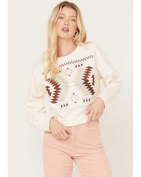 Image #1 - Ariat Women's Wild West Cropped Sweatshirt , Cream, hi-res