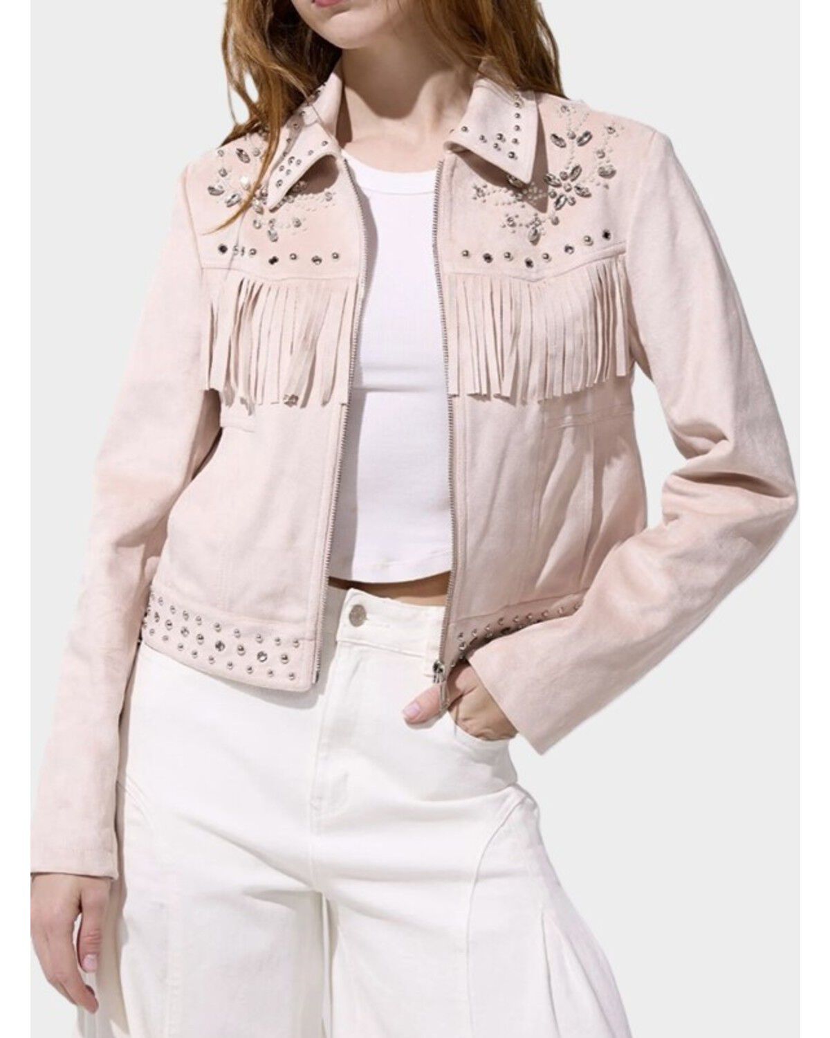 Image #1 - Azalea Wang Women's Faux Suede Studded Fringe Jacket, Pink, hi-res