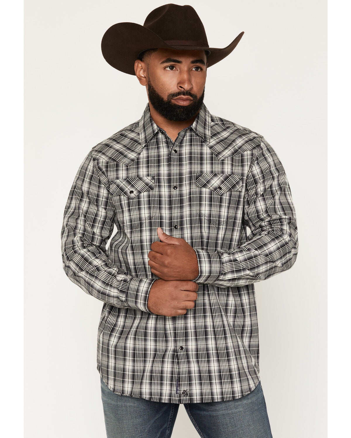 Image #1 - Moonshine Spirit&reg;&nbsp;Men's Kick Back Dobby Plaid Print Long Sleeve Snap Western Shirt, Black, hi-res