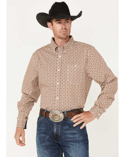 RANK 45 Men's Stirrup Geo Print Long Sleeve Western Button Down Shirt , Light Red, hi-res
